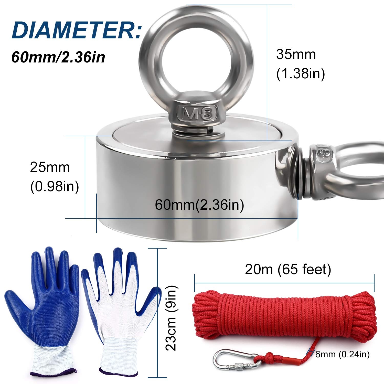 image:imageDIYMAG Fishing Magnet 142 Inch 150Lbs Large Strong Magnets for Lifting  Powerful Magnetic Tags Removal Tool High Power Heavy Duty Pickup for Treasure Hunting Retrieving Items in Lake and Beach60mm236 inches
